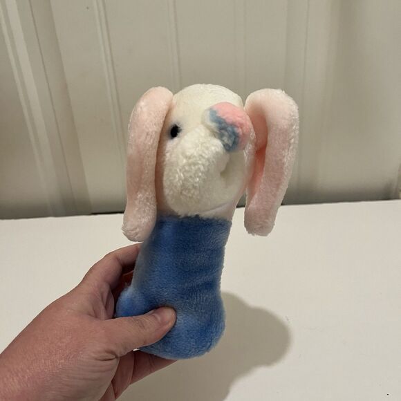 Elephant Rattle Plush Handle 7" Stuffed Vintage Blue White Eden Toys - Picture 2 of 9